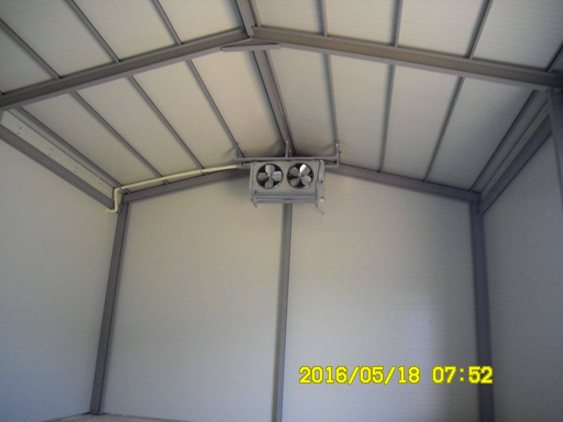 The ceiling unit cooler (the evaporator) inside the room. Cold refrige