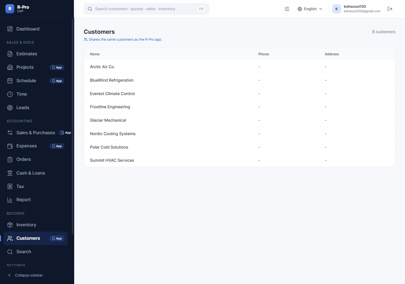 Customer list in R-Pro Office ERP