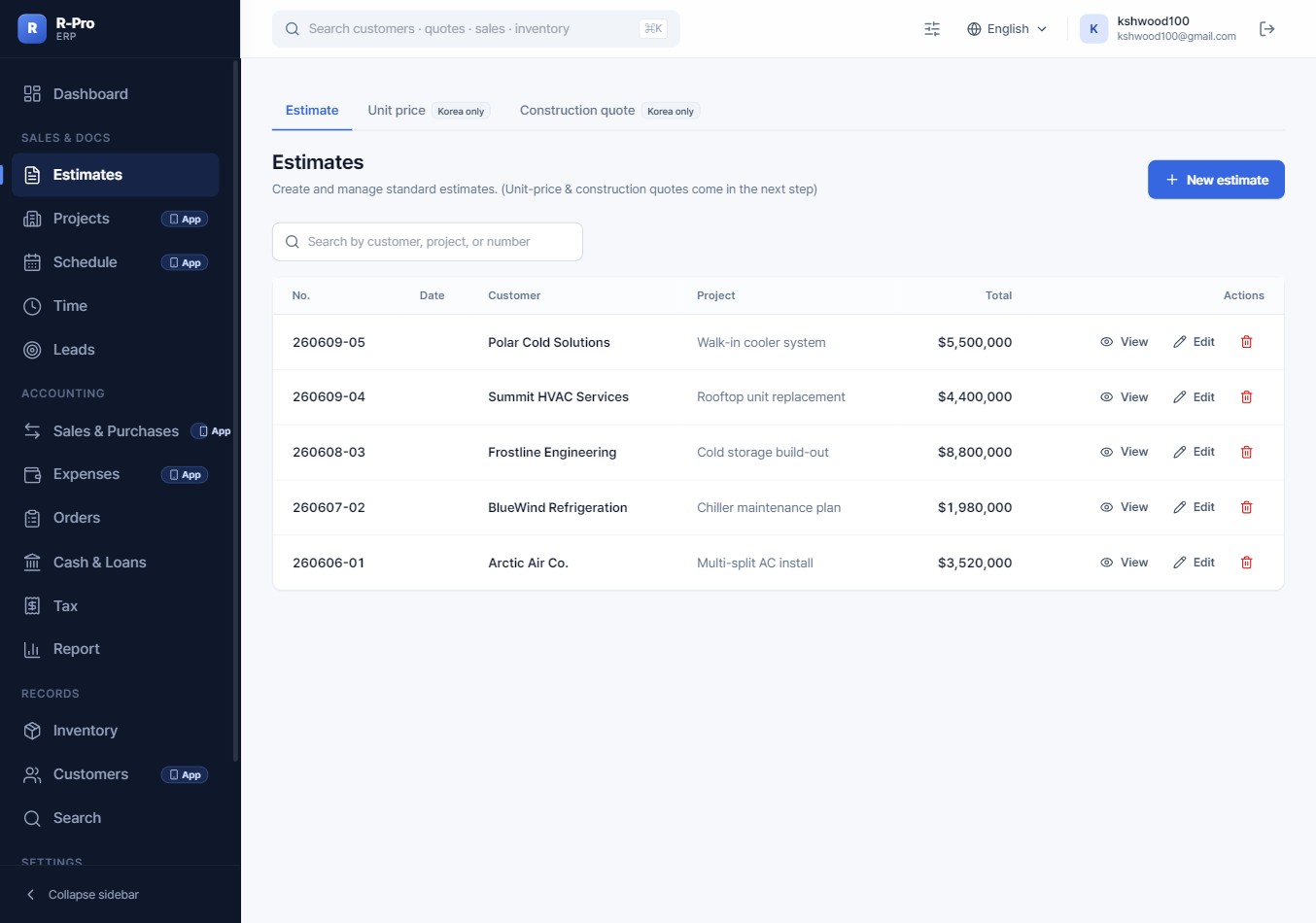Estimates list in R-Pro Office ERP